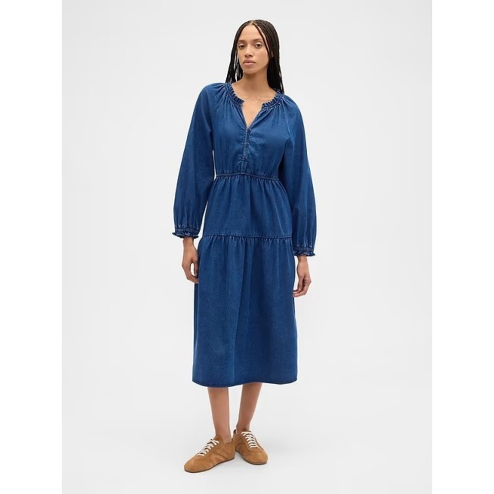 "NWT" GAP Tiered Denim Western Midi Dress Cotton- Women's Size Small- Timeless